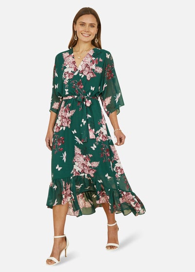 Yumi Green Floral Kimono Dipped Hem Dress