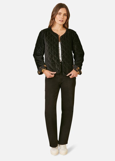 Yumi Black Velvet Quilted Jacket With Reversible Leopard Lining