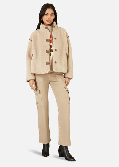 Yumi Cream Borg High Neck Jacket With Faux Leather Trims