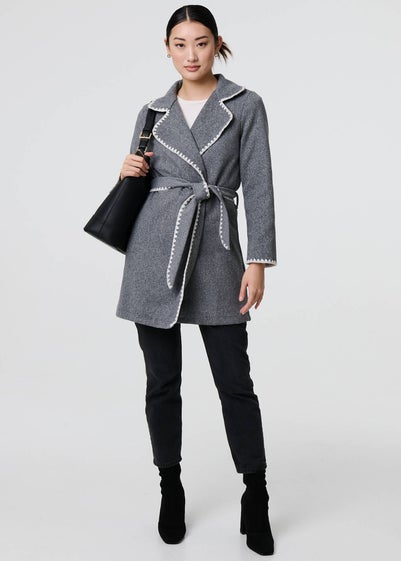 Izabel London Grey Blanket Stich Coat with Belt