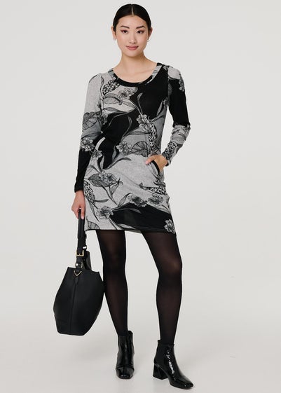 Izabel London Grey Floral Long Sleeve Jersey Shift Dress