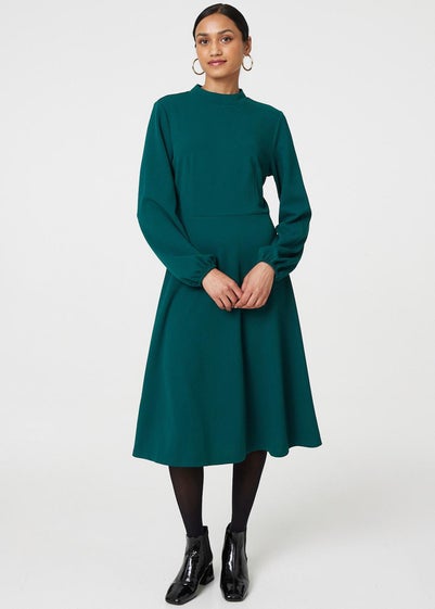 Izabel London Green High Neck Long Sleeve A-Line Midi Dress