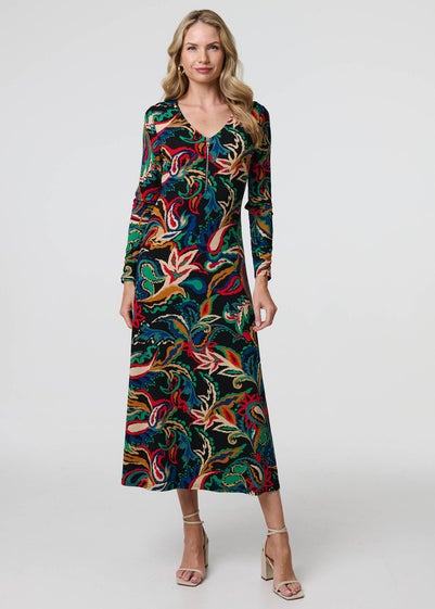 Izabel London Black Printed Zip Front Long Sleeve Maxi Dress