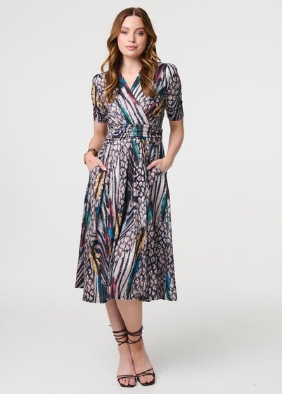 Izabel London Beige Printed Faux Wrap Front Jersey Midi Dress