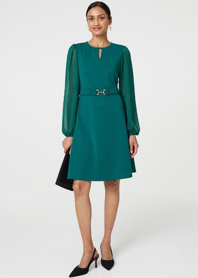 Izabel London Green Long Sleeve Skater Dress with Belt