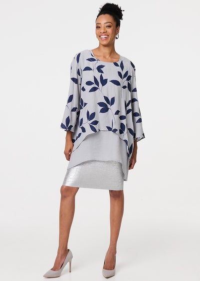 Izabel London Blue Leaf Print Longline Layered Tunic Blouse