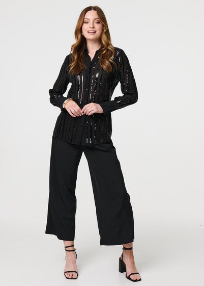 Izabel London Black Sequin Striped Sheer Long Sleeve Shirt