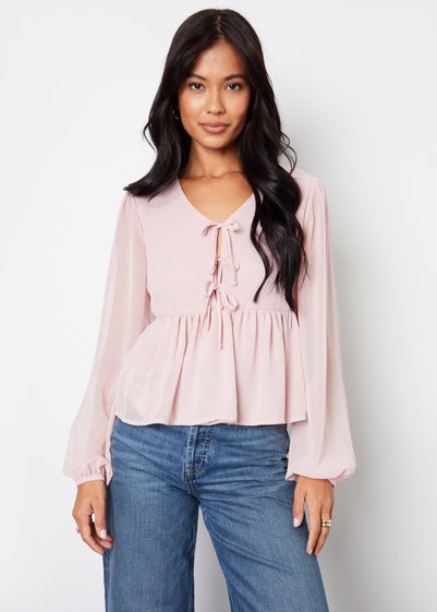 Threadbare Pink Nairn Chiffon Tie Front Smock Blouse