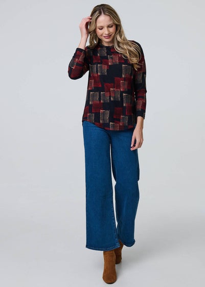 Izabel London Blue Geo Print Long Sleeve Curve Hem Top