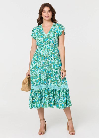 Izabel London Green Leaf Print Lace Trim Midi Dress