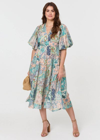 Izabel London Green Patchwork Print Puff Sleeve Midi Dress