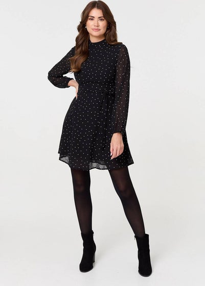 Izabel London Black Polka Dot Sheer Layer Mini Skater Dress