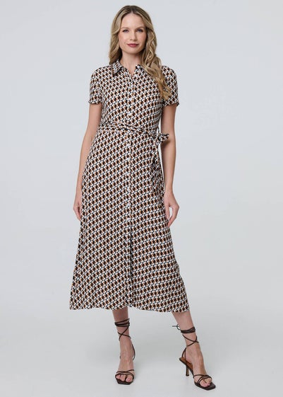 Izabel London Beige Geo Print Short Sleeve Tie Waist Midi Dress