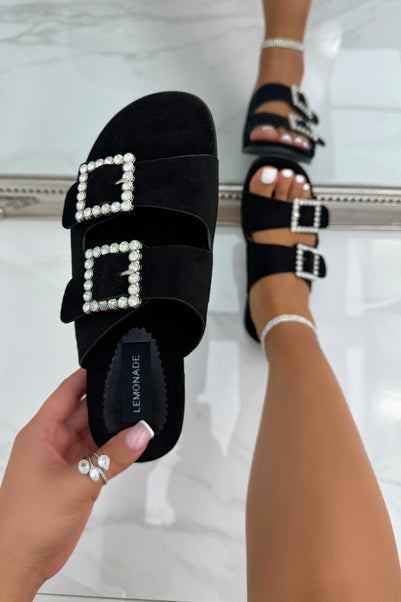 Love Lemonade Black Crystal Boho Suede Double Buckle Sliders