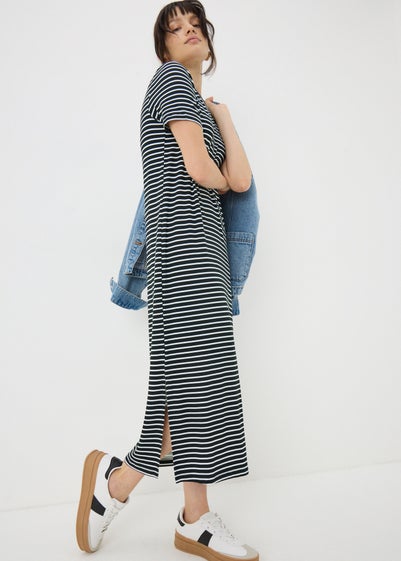 Black Mono Stripe T-Shirt Midi Dress