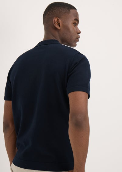 Navy Stripe Textured Zip Polo Shirt