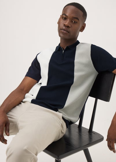 Navy Stripe Textured Zip Polo Shirt