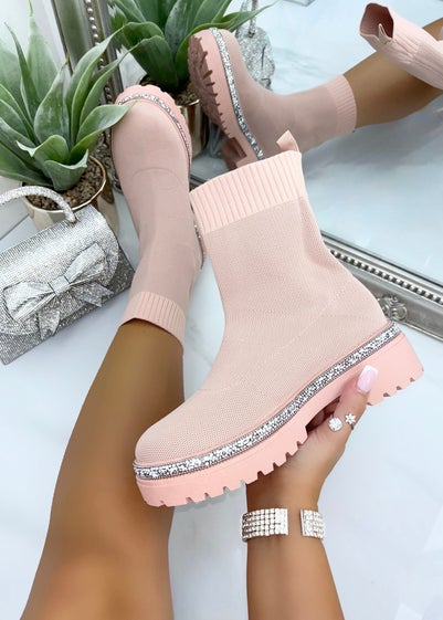 Love Lemonade Pale Pink Sparkly Stretch Chunky Sock Boots