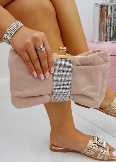 Love Lemonade Nude Crystal Detail Suede Bow Clutch Bag