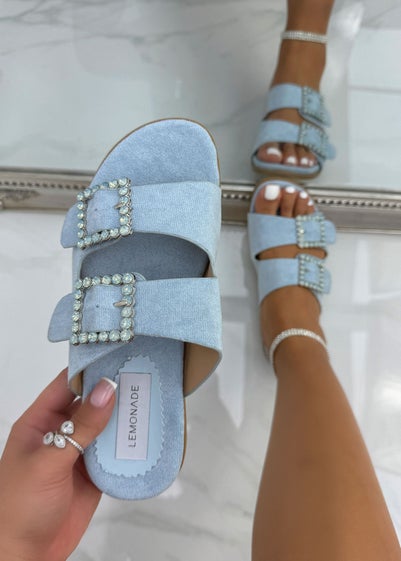 Love Lemonade Blue Crystal Boho Suede Double Buckle Sliders