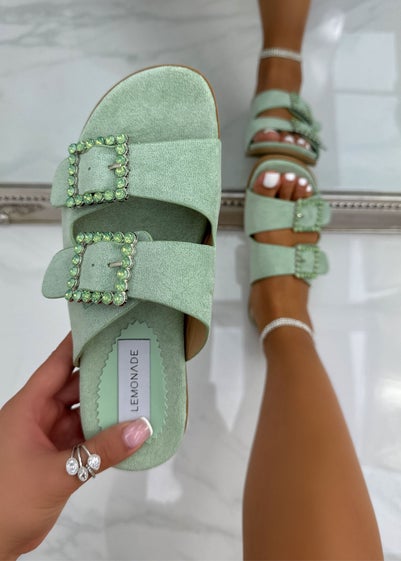 Love Lemonade Sage Green Crystal Boho Suede Double Buckle Sliders