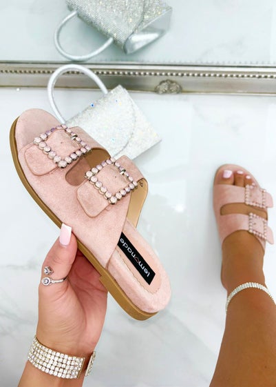 Love Lemonade Pink Crystal Boho Suede Double Buckle Sliders