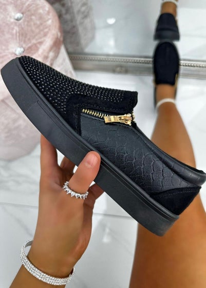 Love Lemonade Black Crystal Suede Zip Pumps