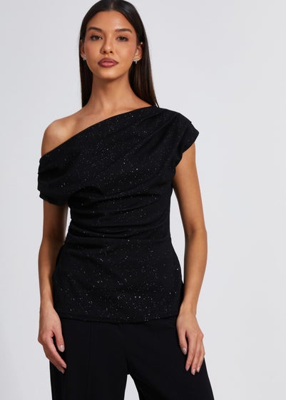 Quiz Black Glitter Drape Neck Top