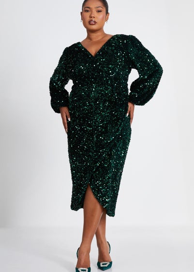 Quiz Green Curve Sequin Midi Dress