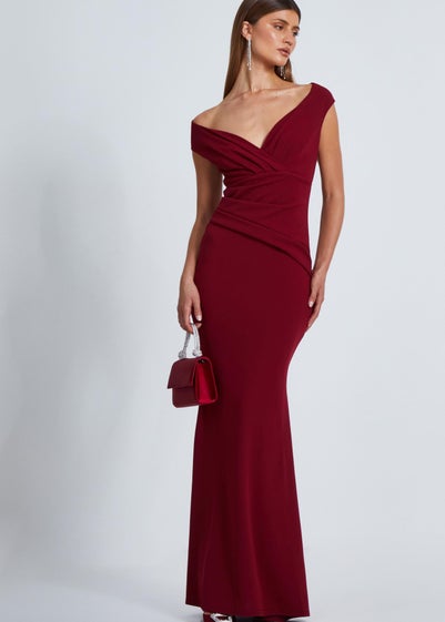 Quiz Burgundy Bardot Pleated Maxi Dress