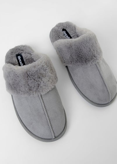 Threadbare Grey Denver Faux Suede Faux Fur Lined Mule Slippers