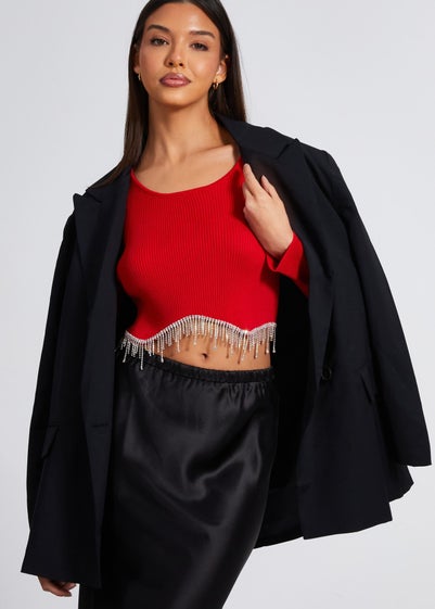 Quiz Red Knit Diamante Crop Top