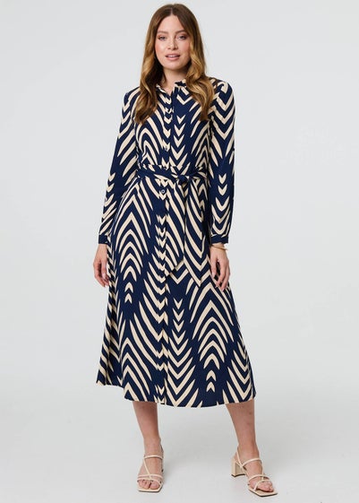 Izabel London Blue Chevron Print Tie Waist Shirt Midi Dress