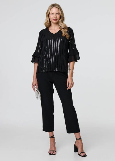 Izabel London Black Sequin Stripe Ruffled Sleeve Blouse