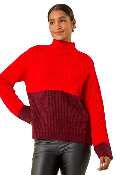 Roman Red Colour Block Funnel Neck Knit Jumper