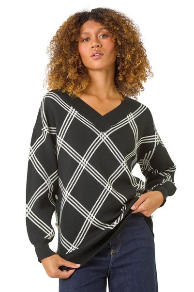 Roman Black Check Patterned V-Neck Knit Jumper