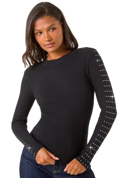 Roman Black Hotfix Stud Sleeve Jumper