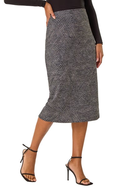 Roman Camel Abstract Print Elastic Waist Pencil Skirt