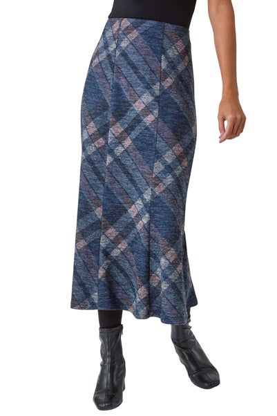 Roman Navy Panelled Check Print Elastic Waist Midi Skirt