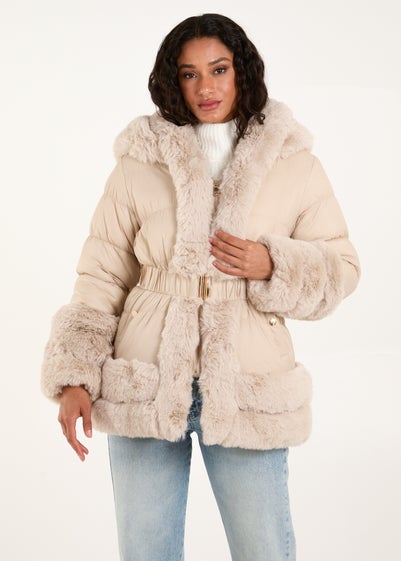 Blue Vanilla Stone Fur Trim Belted Puffer Coat