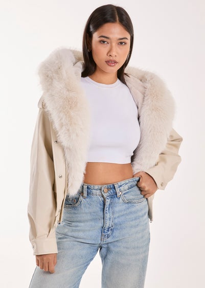 Pink Vanilla Stone Fur Hooded Cropped Utility Jacket