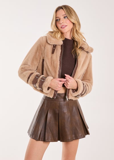 Pink Vanilla Brown Fur PU Buckle Detail Coat