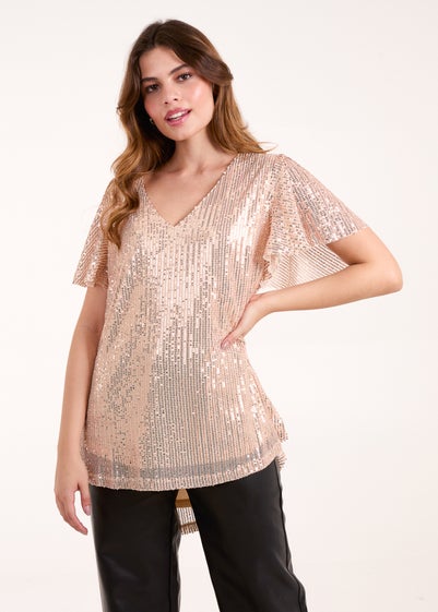 Blue Vanilla Gold Angel Sleeve V Neck Sequin Top