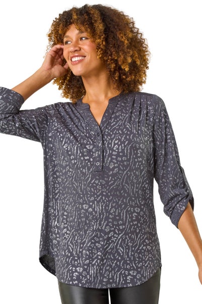 Roman Grey Glitter Animal Print Stretch Shirt