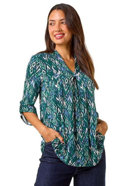 Roman Teal Abstract Print Front Pleat Stretch Top