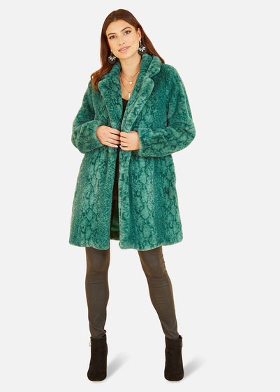 Yumi Green Snakeskin Print Faux Fur Coat