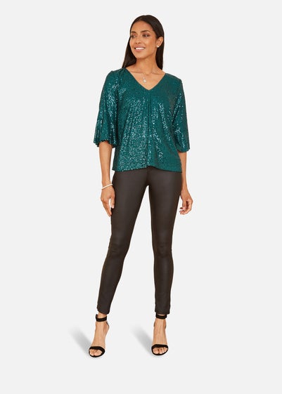 Yumi Green Sequin Top With Fluted Sleeve