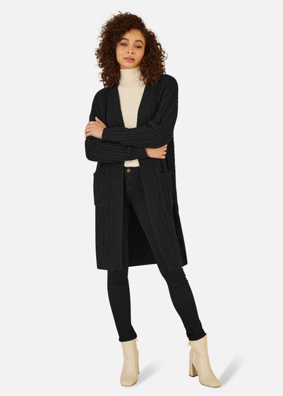 Yumi Black Cable Knit Edge to Edge Long Cardigan With Pockets