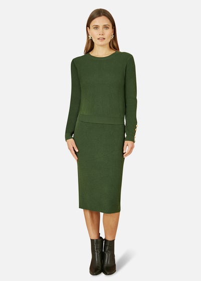 Yumi Green Rib Knitted Jumper With Sleeve Button Detail