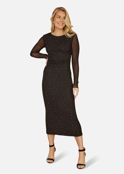 Yumi Black Mesh Bodycon Midi Dress With Tie Back and Diamantes